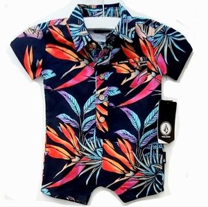 Volcom Tropical Foliage Romper Navy Blue Colorful Pocket Size 0-3 Mos New